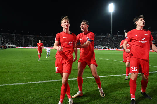 Emil Kornvig and Fredrik Pallesen of Brann celebrate