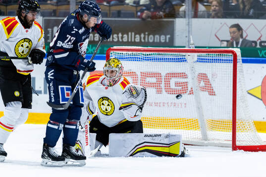 Linköpings Nicholas Shore och Brynäs målvakt Damian Clara