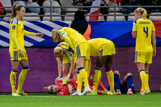 Goalkeeper Jennifer Falk of Sweden in pain