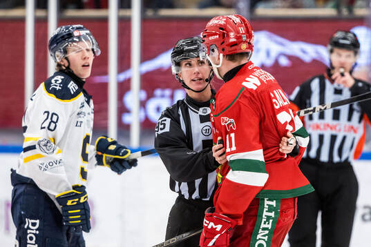 Södertäljes Adam Hesselvall och Linjedomare Anna Hammar