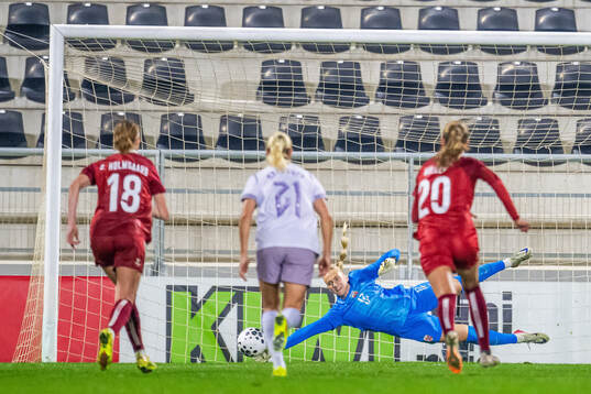 Goalkeeper Selma Panengstuen of Norway saves a penalty kick