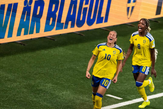 Rosa Kafaji and Evelyn Ijeh of Sweden celebrate the 2-1 goal