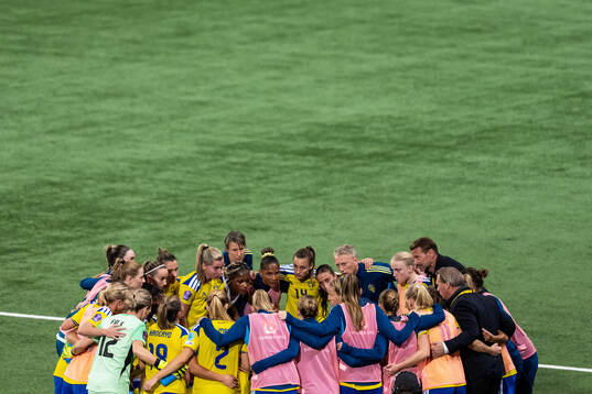 Players and coaching staff of Sweden in a huddle
