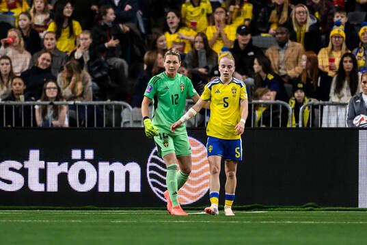 Goalkeeper Jennifer Falk and Anna Sandberg of Sweden look