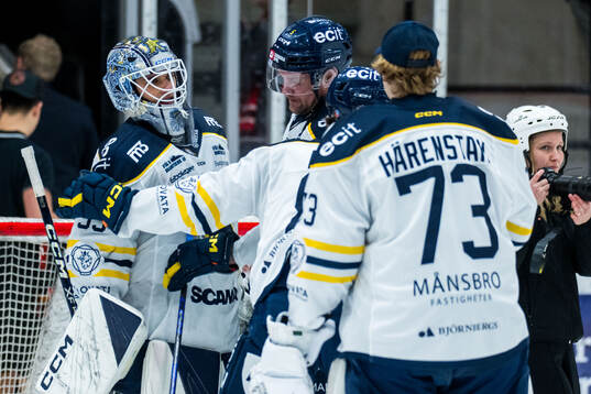 Södertäljes målvakt Oliver Håkansson jublar