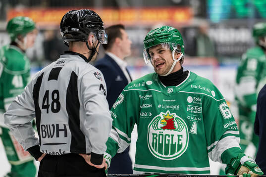 Linjedomare Philip Hanning och Rögles Leon Bristedt