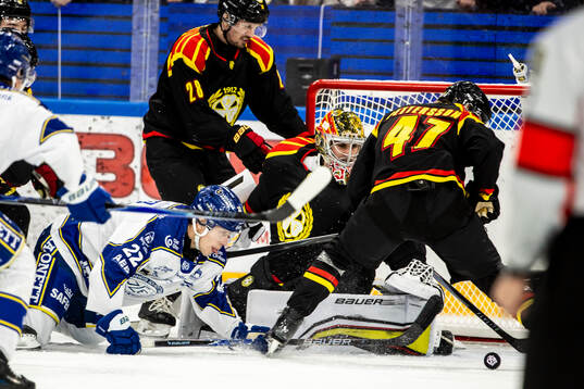 Leksands Lukas Vejdemo och Brynäs målvakt Damian Clara