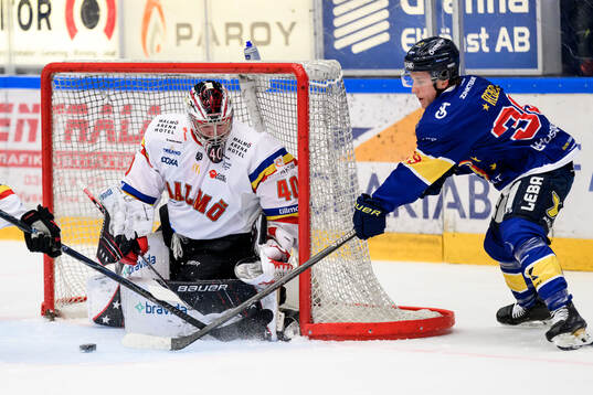 Malmö Redhawks målvakt Oskar Blomgren och HV71s Jamiro