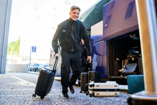 Jens Stryger Larsen arrives at the hotel