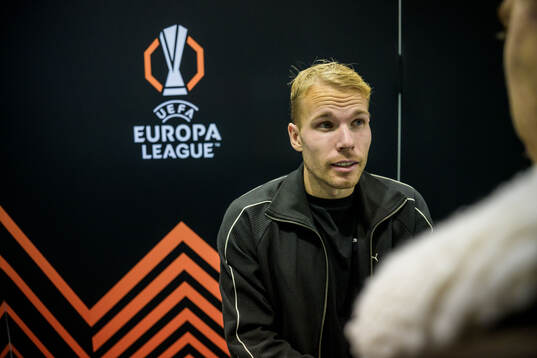Oscar Lewicki of Malmö FF is being interviewed by the media