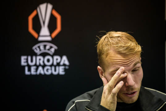 Oscar Lewicki of Malmö FF is being interviewed by the media