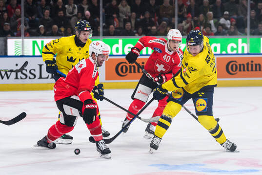 Fredrik Olofsson of Sweden in the ice hockey game between
