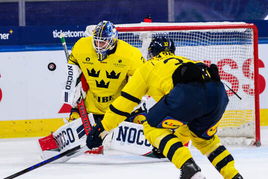 Goalkeeper Lars Johansson of Sweden in the ice hockey game