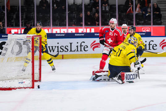 Goalkeeper Lars Johansson of Sweden in the ice hockey game