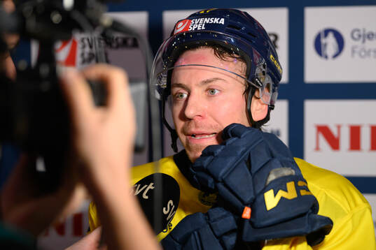 Pär Lindholm of Sweden in the ice hockey game between