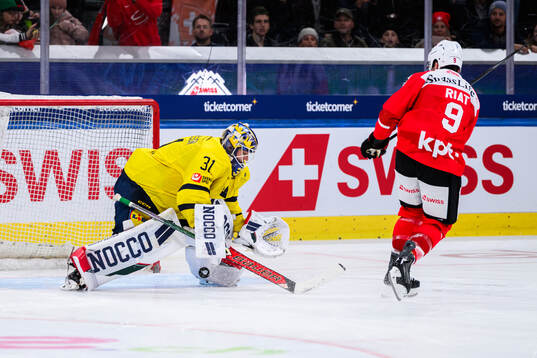 Goalkeeper Lars Johansson of Sweden and Damien Riat  of