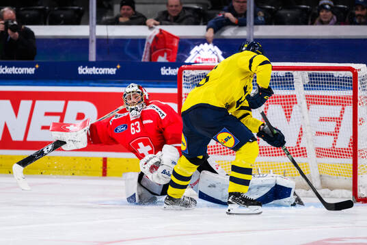 Rickard Hugg of Sweden and goalkeeper Leonardo Genoni  of