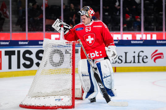 Goalkeeper Leonardo Genoni of Switzerland in the ice hockey