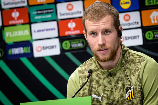 Simon Gustafson of Häcken at a press conference with