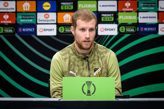 Simon Gustafson of Häcken at a press conference with