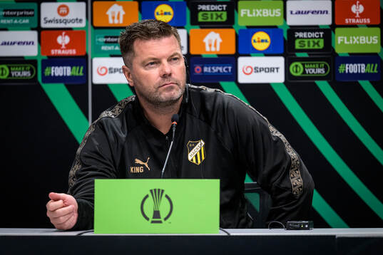 coach Jens Gustafsson of Häcken at a press conference with