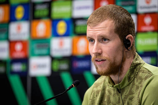 Simon Gustafson of Häcken at a press conference with