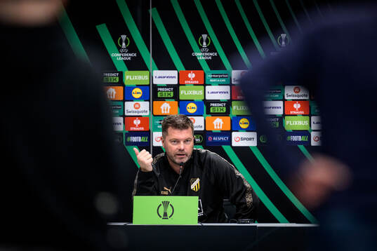 coach Jens Gustafsson of Häcken at a press conference with