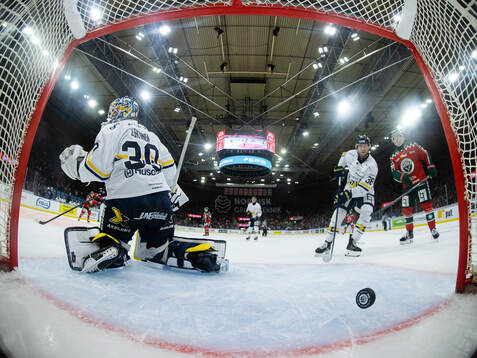 HV71s målvakt Lassi Lehtinen och Olle Alsing deppar
