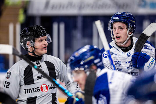 Linjedomare William Henriksson och Leksands Anton Johansson