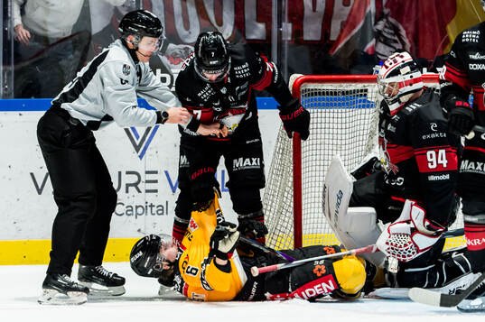 Malmö Redhawks Topi Niemelä och målvakt Marek Langhamer