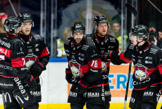 Malmö Redhawks Linus Öberg och spelare jublar