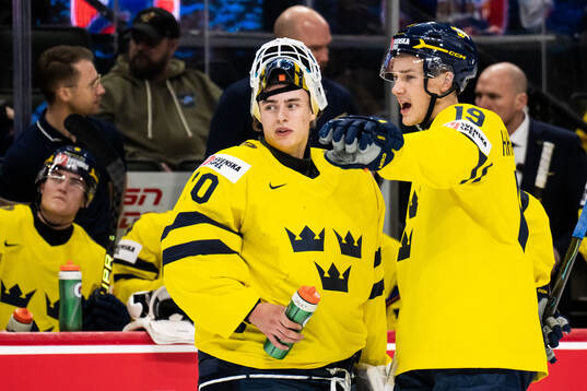 Goaltender Love Härenstam and William Håkansson of Sweden