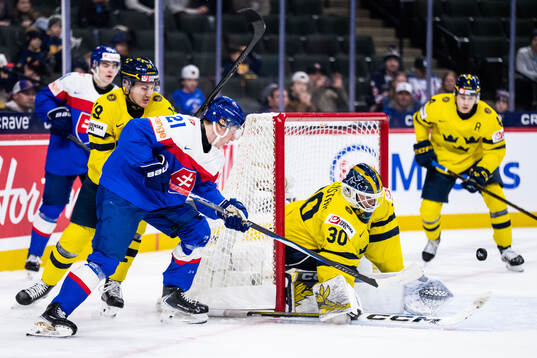 William Håkansson and goaltender Love Härenstam of Sweden