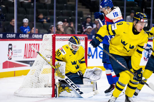 Goaltender Love Härenstam of Sweden and Andreas Straka of
