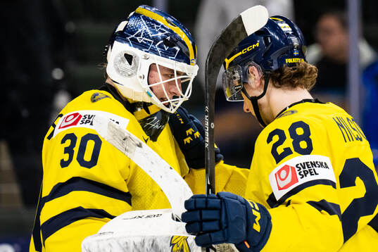 Goaltender Love Härenstam and Eric Nilson of Sweden