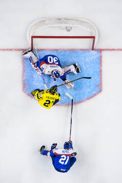 Viggo Björck of Sweden scores a disallowed 3-1 goal behind