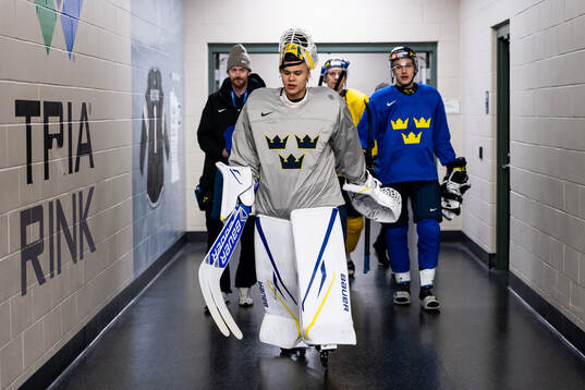 Goaltender Herman Liv of Sweden at a practice session