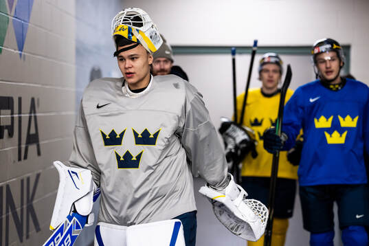 Goaltender Herman Liv of Sweden at a practice session
