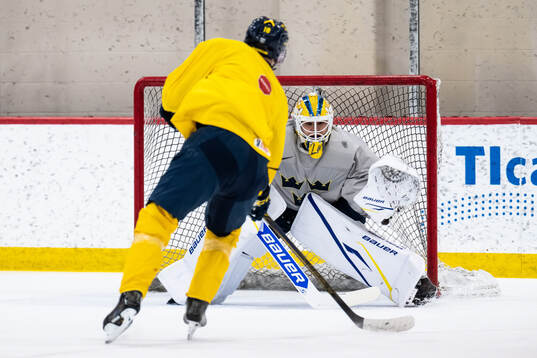 Goaltender Herman Liv of Sweden at a practice session