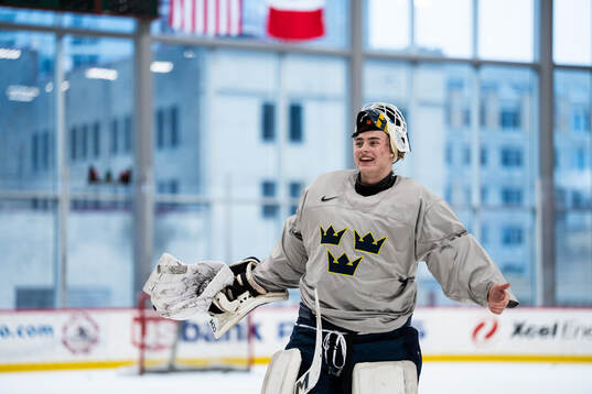 Goaltender Love Härenstam of Sweden at a practice session