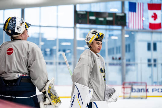 Goaltenders Love Härenstam and Herman Liv of Sweden at a