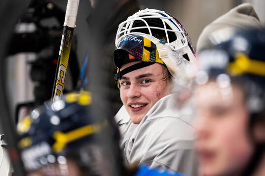 Goaltender Love Härenstam of Sweden at a practice session