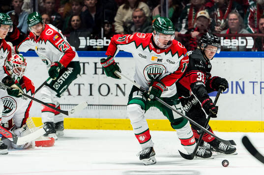 Frölundas Max Lindholm och Malmö Redhawks Joona Ikonen