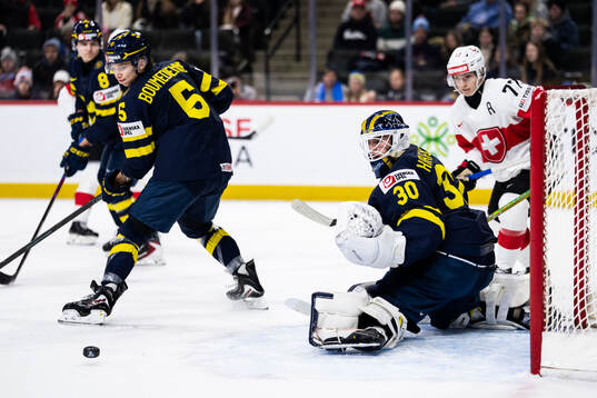 Sascha Boumedienne and goaltender Love Härenstam of Sweden