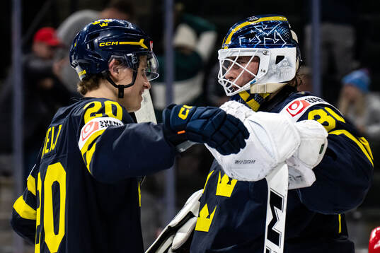 Alfons Freij and goaltender Love Härenstam of Sweden