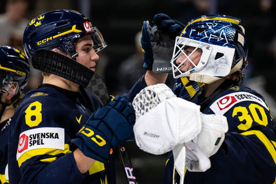 Felix Carell and goaltender Love Härenstam of Sweden