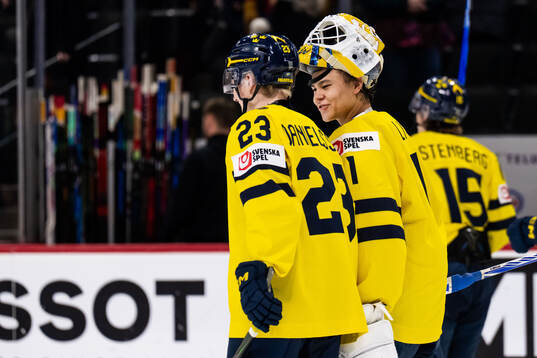 Liam Danielsson and goaltender Herman Liv of Sweden
