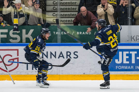 HV71s Justin Glenn Kloos och Mattias Tedenby jublar