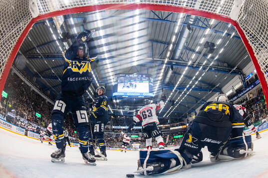 HV71s Olle Alsing och målvakt Felix Sandström deppar