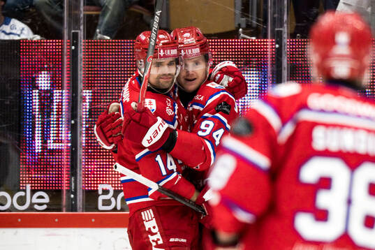 Timrås Sebastian Hartmann jublar med Emil Pettersson